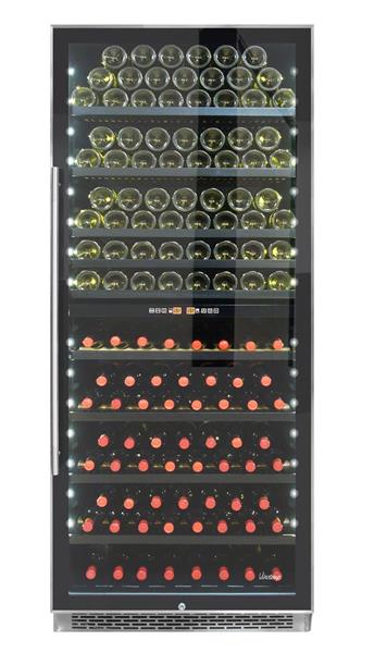 The new Vinotemp 300 Bottle Dual-Zone Wine Cooler pictured with stacked wine bottles, allowing for maximum wine bottle storage capacity.