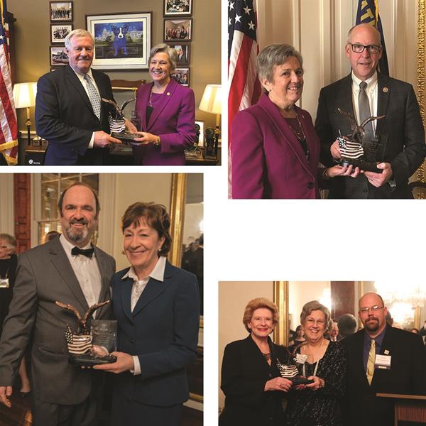 National Grange President Betsy Huber (purple), presented the Champion of Rural America Awards during the 150th Birthday celebration of the Grange recently. Representative Collin Peterson (MN), top left, and Representative Greg Walden (OR), top right, received their awards on Wednesday, Nov. 29 in their offices. Senator Susan Collins received the award with former Maine State Grange President Rick Grotton (bottom left) and Senator Debbie Stabenow (MI) with Huber and Michigan State Grange President Christopher Johnston (bottom right) received their awards and provided remarks at the live birthday celebration Monday, Dec. 4, at the Historic Decatur House in Washington, D.C.
