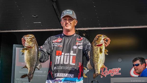 Pro Bryan Schmitt of Deale, Maryland, caught a five-bass limit weighing 24 pounds, 11 ounces, to take the lead on opening day of the 2018 season at the FLW Tour at Lake Okeechobee presented by Evinrude.