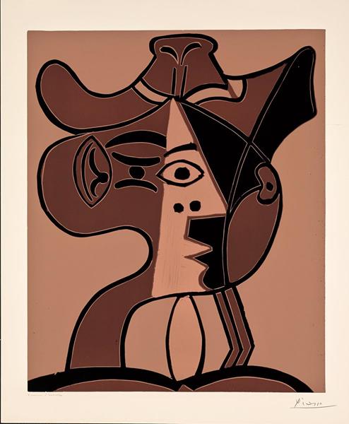 Pablo Picasso, Portrait of a Woman with Hat, (B.1973) hand-signed linocut, 25 x 21 inches