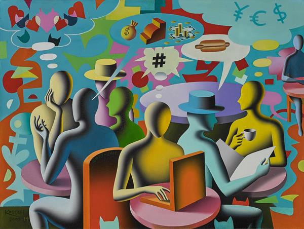 Mark Kostabi, Private Obsessions, Public Confessions, oil on canvas, 23 1/2 x 31 1/2 inches