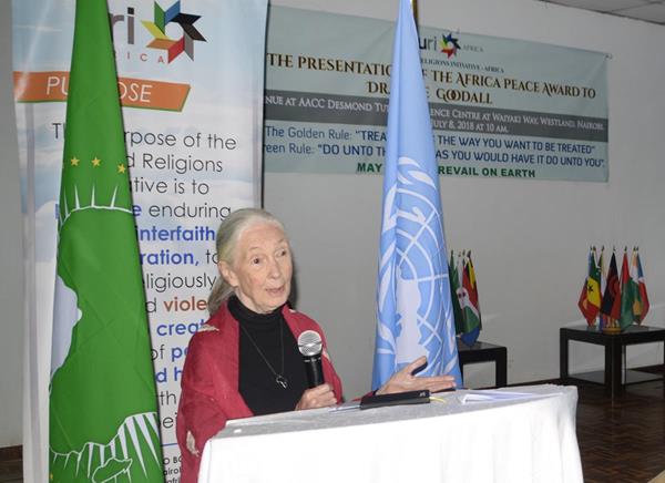 Dr. Goodall speaks about her work as she accepts the URI-Africa Peace Award.