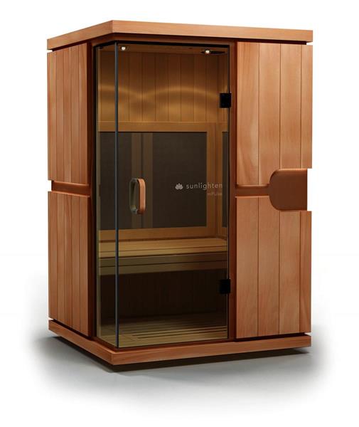 Sunlighten's mPulse 3-in-1® collection is proven 99% effective.  The series features the first and only saunas with near, mid and far infrared technology and a patented Solocarbon® heater.  The Believe model in Eucalyptus is featured here.

