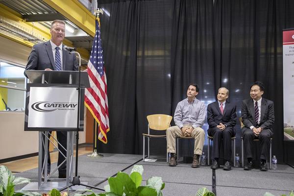 Gateway Technical College President and CEO Bryan Albrecht speaks during a groundbreaking ceremony for the college's SC Johnson iMET Center in Sturtevant, Wis., on Oct. 22, 2018. Seated, left to right, are: Wisconsin Governor Scott Walker; Fisk Johnson, SC Johnson chairman and CEO; Alan Yeung, Foxconn director of US Strategic Initiatives. The center will expand by nearly 36,000 square feet in addition to renovations done to existing space. 