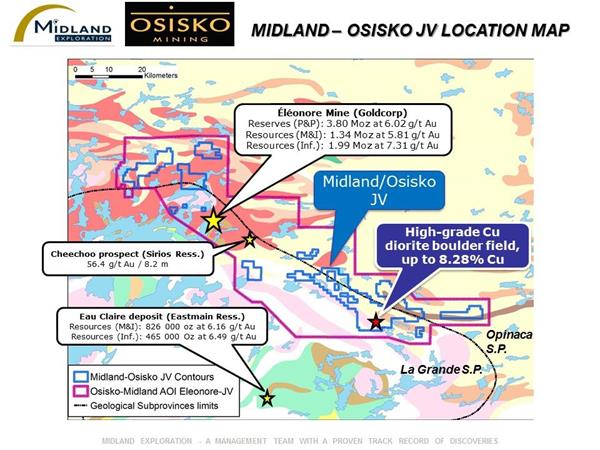 Carte de localisation du projet Midland-Osisko Eleonore JV