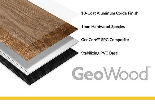 An entirely innovative wood floor, GeoWood™ combines actual lumber over a stabilizing base of GeoCore™ -- a proprietary limestone composite. The new construction delivers a wood floor that installs faster over any type of subfloor with minimal acclimation and is ideal for high moisture environments.