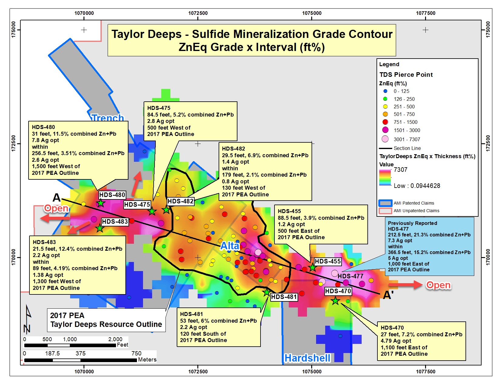 Figure 2. Plan View of Taylor Deeps with ZnEq Grade Contour