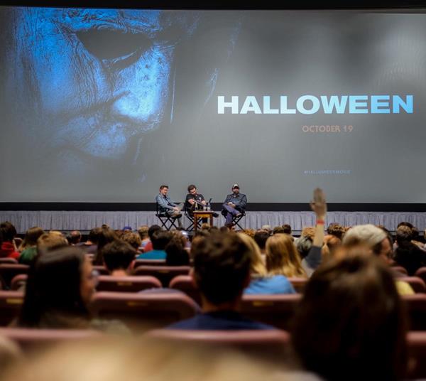 From left, David Gordon Green, Danny McBride and Jeff Fradley screened their film "Halloween" for students at their alma mater, the University of North Carolina School of the Arts. Photo by Raunak Kapoor