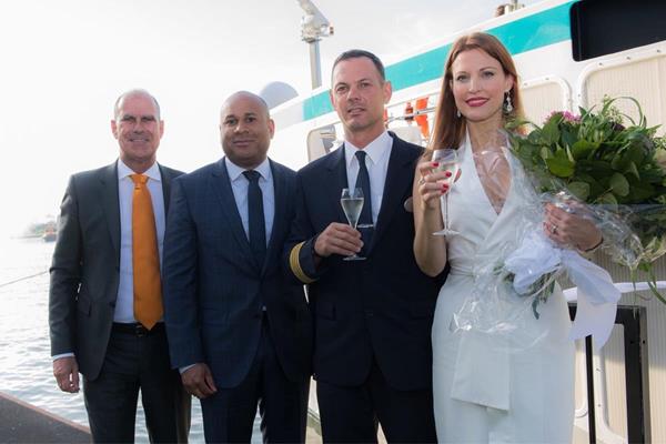 Tom Wolber (President & CEO, Crystal Cruises), Walter Littlejohn (Vice President and Managing Director, Crystal River Cruises, Captain Ferenc (Captain, Crystal Debussy) and Rachel York (Godmother)