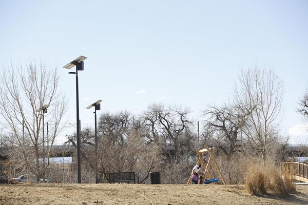 Sol's EverGen solar outdoor lights, the newest and most energy efficient solar lights, are installed in Sand Creek Park in Aurora, Colorado. The EverGen's improved technology processes solar power so efficiently, it allows for a more compact system, which reduces the overall system costs while still meeting municipal lighting requirements.