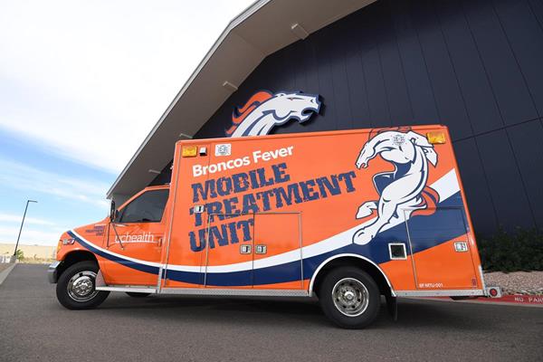 The UCHealth Broncos Fever Mobile Treatment Unit is a mobile lab devoted to the study and treatment of Broncos Fever. This full-size, revamped ambulance is equipped with the most innovative fandemic tools and response team. It patrols the streets, responding to documented cases of Broncos Fever everywhere.