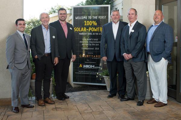 High Hotels Ltd.'s Courtyard by Marriott-Lancaster goes 100% solar-powered. Pictured (L-R): Greg Welker, Director of CFA Programs Division, Pennsylvania Department of Community & Economic Development; Russ Urban, President, High Hotels Ltd.; Jeremy Geib, General Manager, High Hotels; Mike Lorelli, Senior Vice President – Commercial Asset Management, High Associates Ltd.; Tony Seitz, Vice President – Development, High Associates; Ty Esbenshade, Vice President of Sales and Marketing, MVE Group Inc., the contractor for the solar installation.