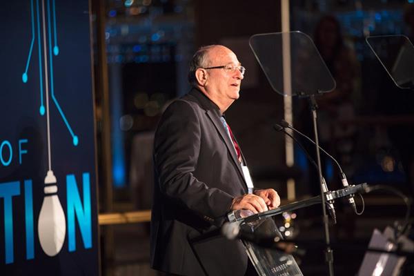 Technion-Israel Institute of Technlogy President Peretz Lavie addresses the capacity crowd at the Rainbow Room, during the Technion World Tour “Evening of Innovation” (credit: American Technion Society)