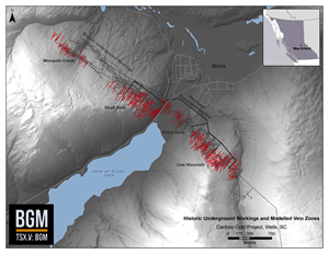 Figure 1: Plan Map Showing Modelled Vein Corridors on Island and Cow Mountains