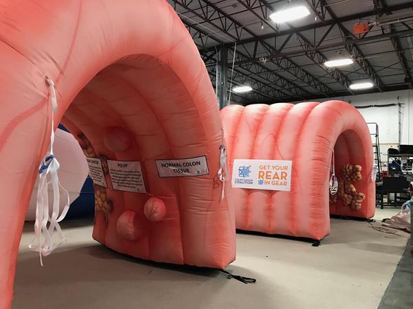 New inflatable colons were donated by Quest Diagnostics and the employees of Salix Pharmaceuticals to help expand the awareness efforts the valuable educational too. The two companies are debuting the new colons on Friday, March 1, to kick off Colorectal Cancer Awareness Month. 