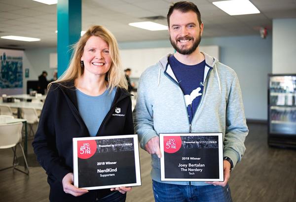 Ginger Sorvari Bucklin (left), NerdKind’s Executive Director, and Joey Bertalan, Senior Software Engineer at The Nerdery – both were honorees at Minne Inno's inaugural 50 On Fire event. 