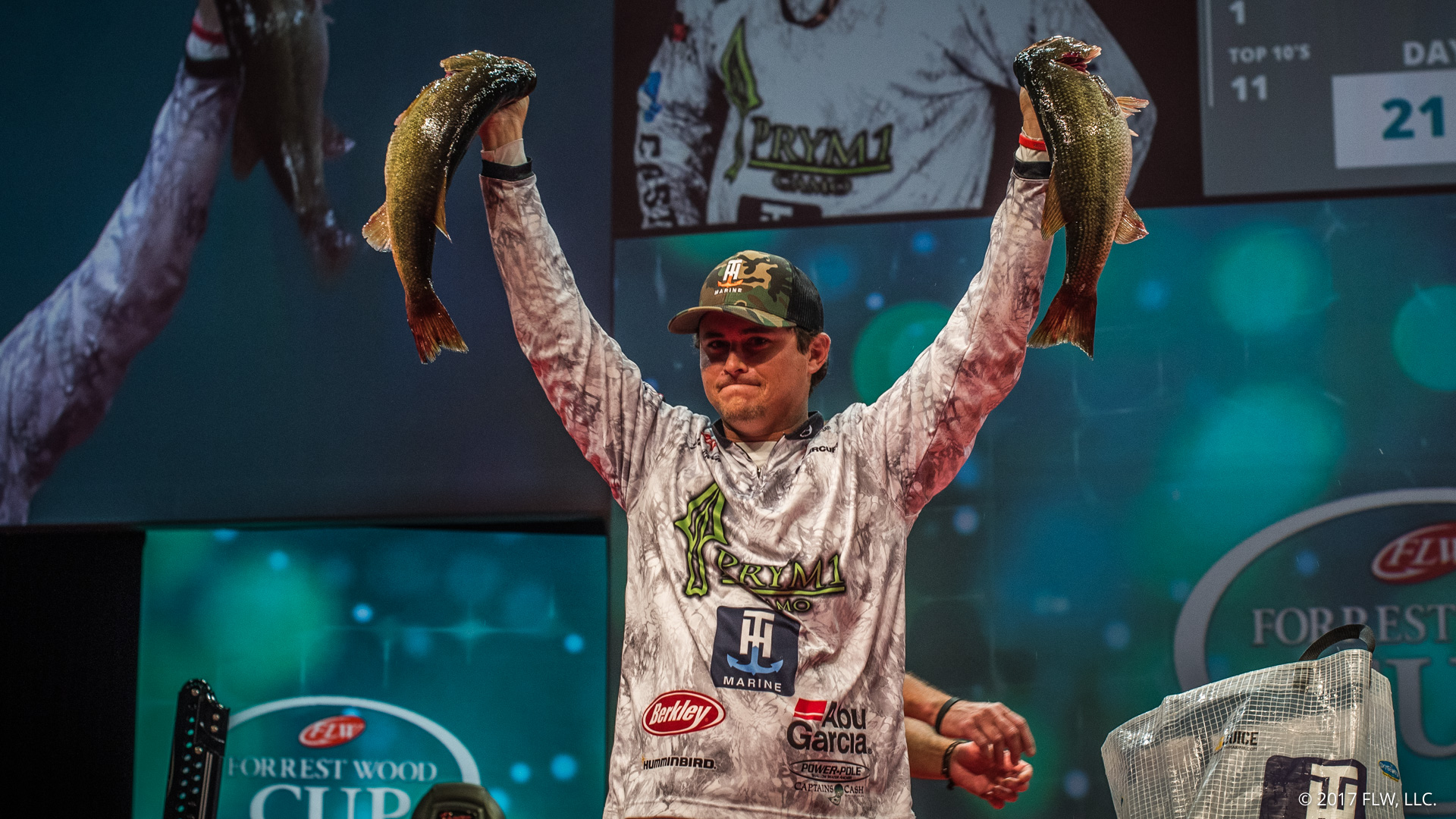 FLW Tour rookie Justin Atkins of Florence, Alabama, secured the early lead at the 2017 Forrest Wood Cup Thursday after weighing in a five-bass limit totaling 21 pounds, 5 ounces – the largest limit ever weighed on Lake Murray in Forrest Wood Cup competition.