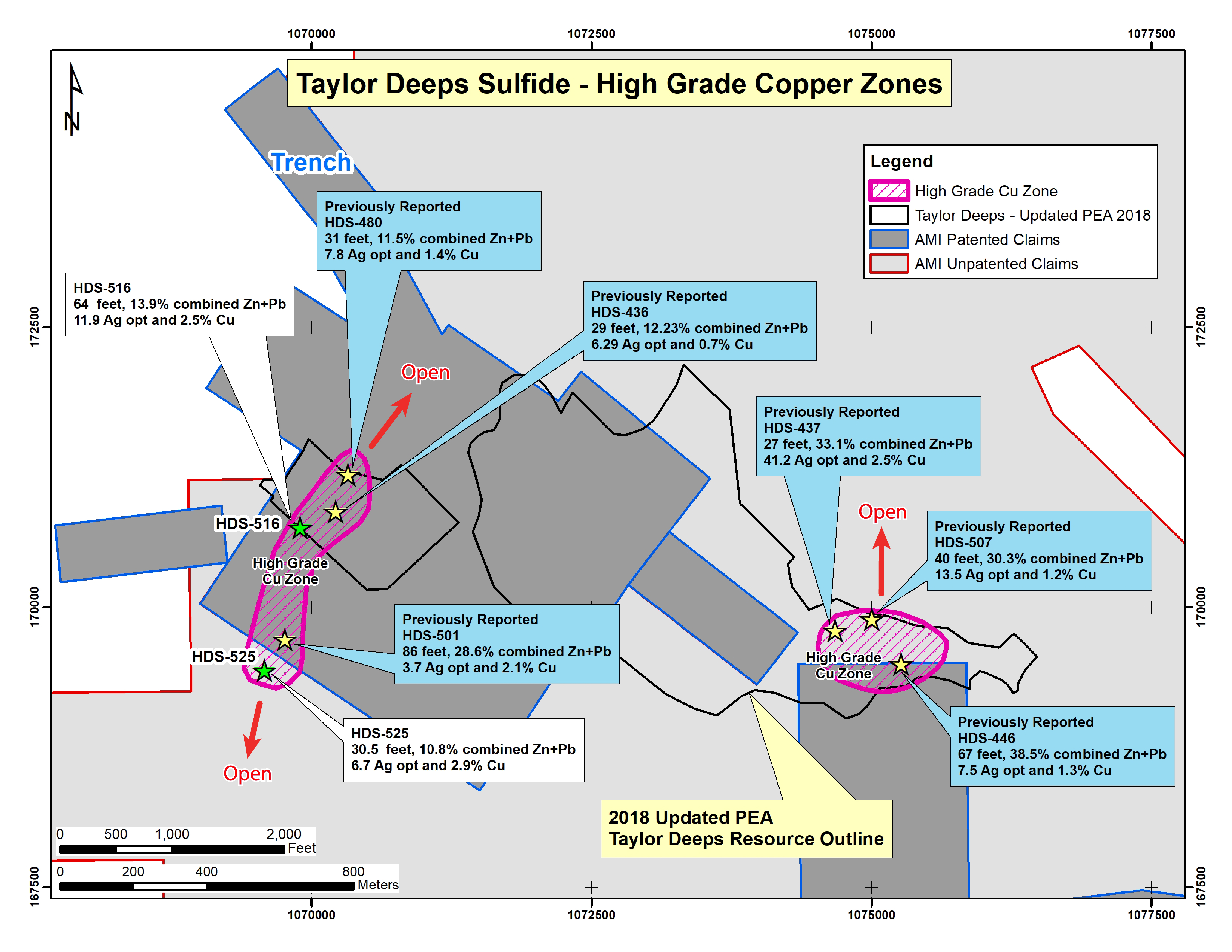 Figure 3. Plan View of Taylor Deeps with High Grade Copper Zones
