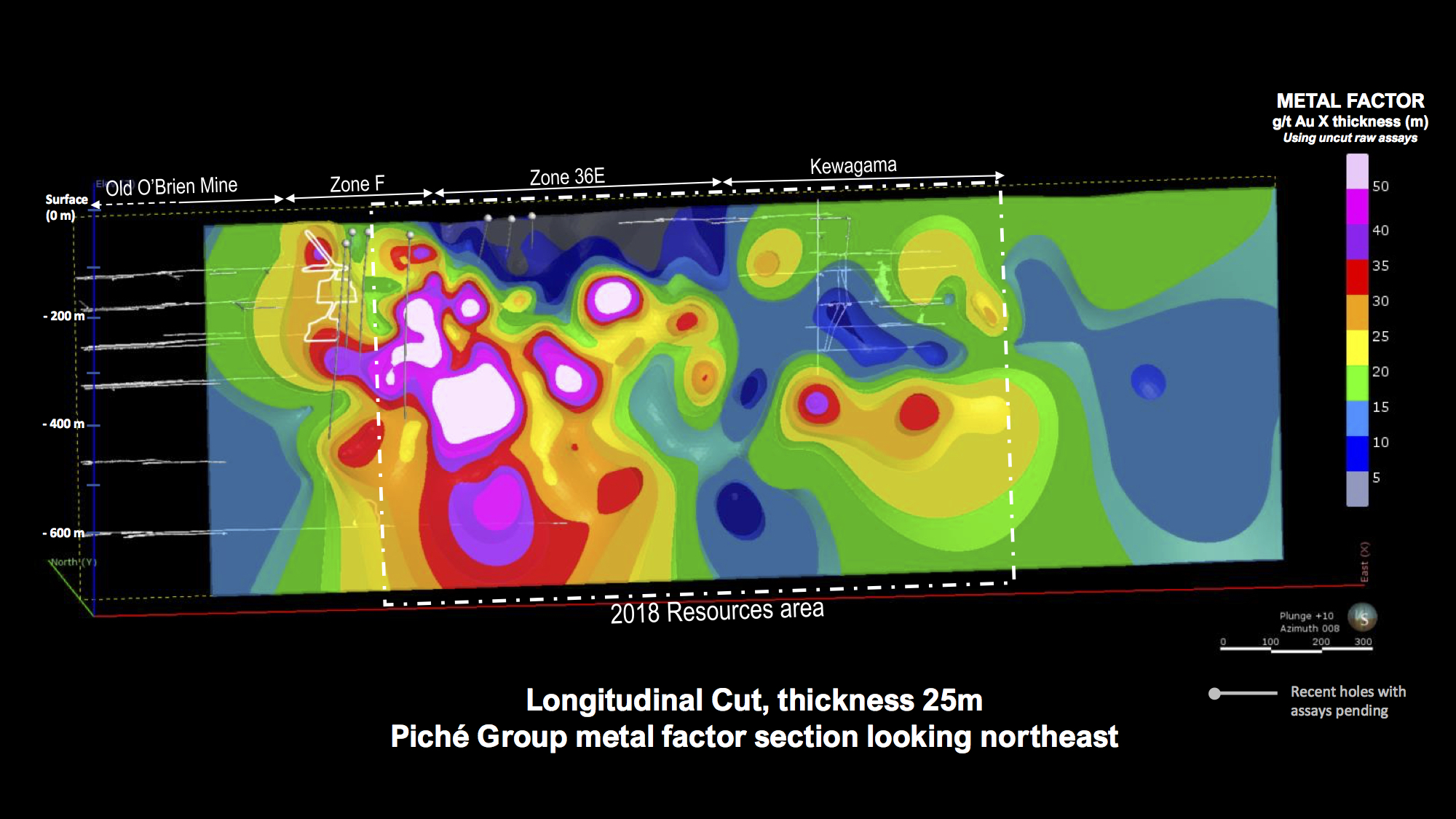 Longitudinal cut 25 m thickness, Piché Group metal factor looking northeast