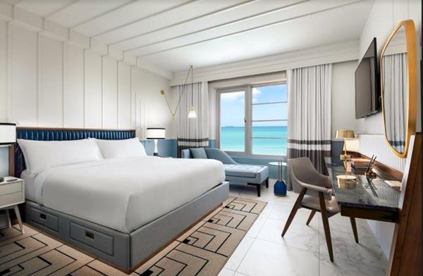 An Oceanfront King Guestroom in the new Cadillac Hotel & Beach Club, opening this spring in Miami Beach.  