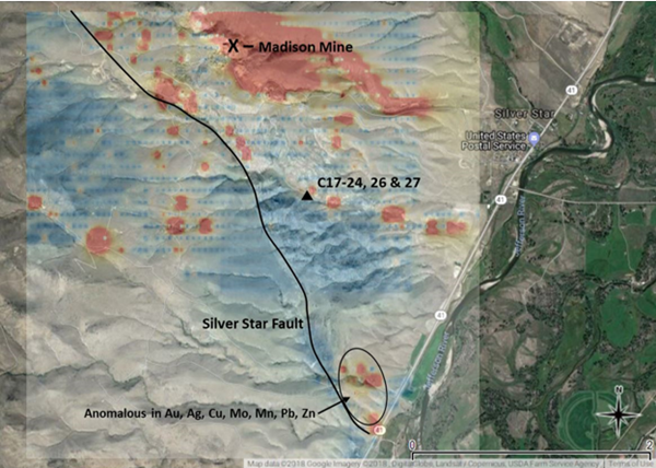 Figure 1: Madison Project Gold-in-Soil Geochemical Map