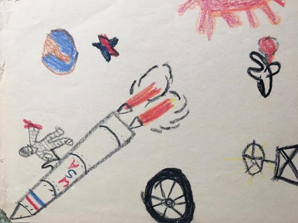 Steve drew himself next to a rocket when he was six years old. 