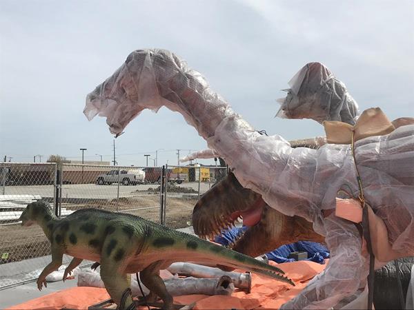 Animatronic dinosaurs arrive at new Field Station: Dinosaurs location in Derby, Kan. The park will feature more than 40 animatronic dinosaurs and is set to open May 26, 2018. Photo credit: RSM Marketing Services.