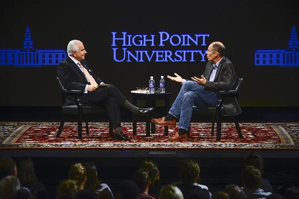 Dr. Nido Qubein, High Point University president (left), interviews Netflix Co-Founder and HPU’s Entrepreneur in Residence Marc Randolph in 2015.