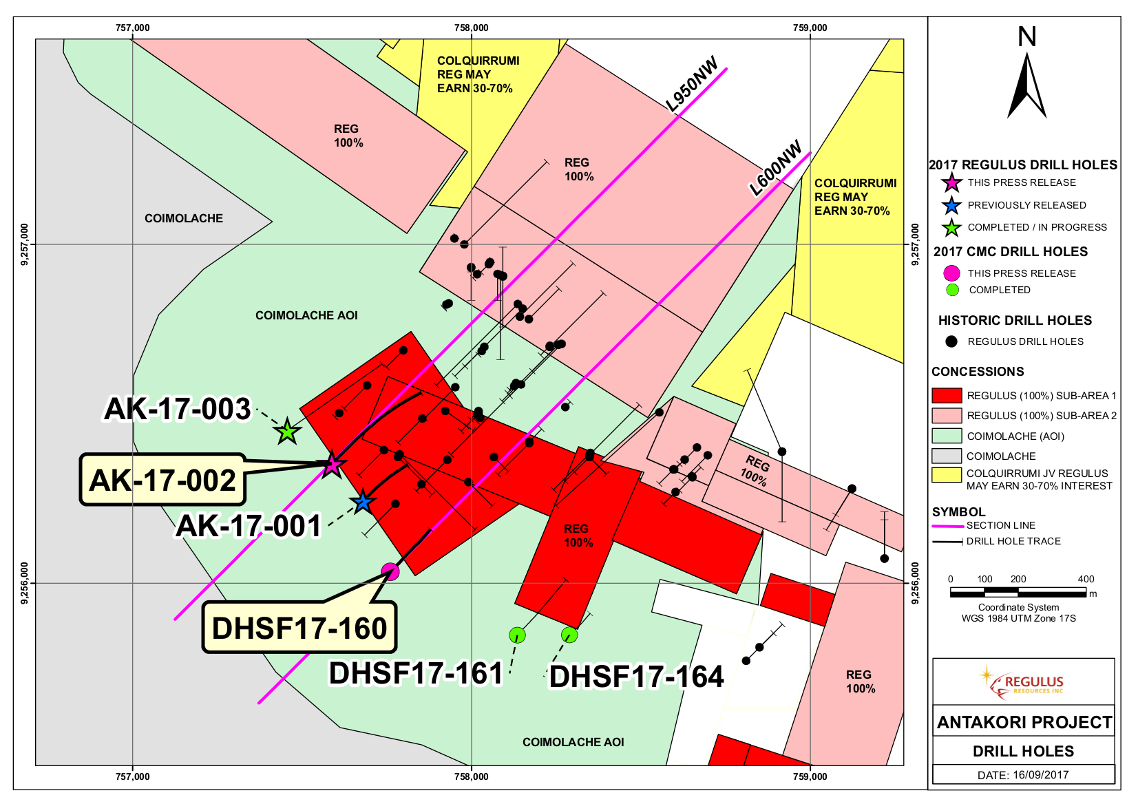 Figure 1.Drill hole locations - AntaKori Project.Location of the current drilling along southern margin of Regulus concessions and section lines L600NW and L950NW that are shown in Figures 2 and 3.