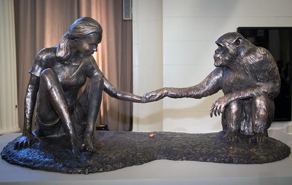 "Red Palm Nut," a narrative monument-sized bronze sculpture depicting young Jane Goodall and chimpanzee David Greybeard by Chicago-based artist Marla Friedman. 