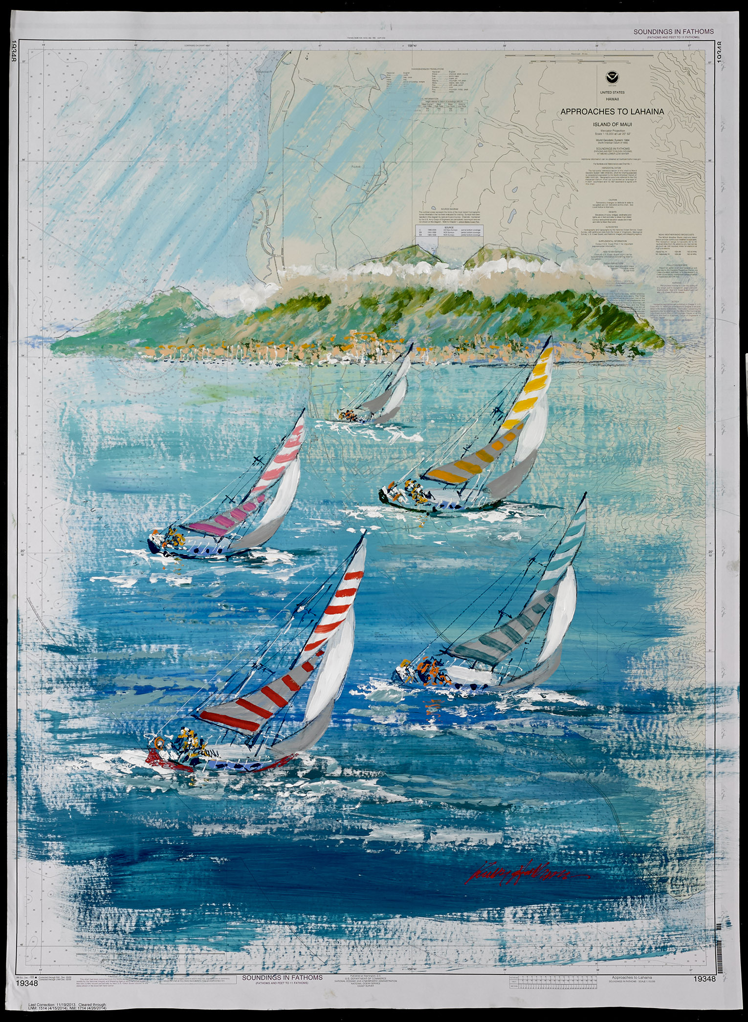 Kerry Hallam, Approaches to Lahaina, acrylic on nautical chart, 45.75 x 34.4 inches