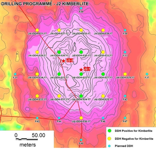 Location of diamond core drilling on ground magnetics – J2 Kimberlite Pipe