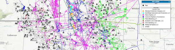 Pictured: Screenshot of DI Web showing the Permian Basin pipeline network, colored by pipeline operator, and daily GPS Rig locations. 