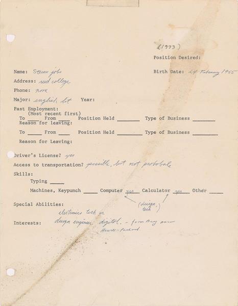 Here’s a 1973 job application filled out and signed by a then-18-year-old Steve Jobs who was seeking employment as an “electronics tech or design engineer.”