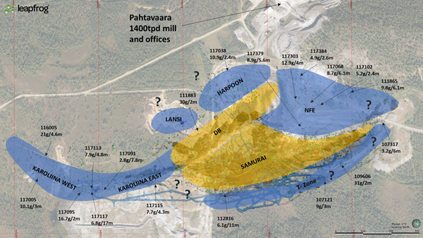 Figure 1. Plan view of Pahtavaara showing significant intercepts and emergence of new zones