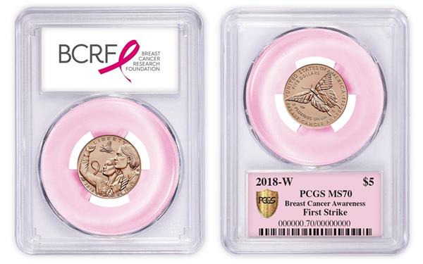 An example of a PCGS-graded 2018 Breast Cancer Research Foundation Pink Gold Five-Dollar coin in a special PCGS BCRF label with pink gasket. The pictured label also demonstrates PCGS First Strike™ and PCGS Gold Shield®.