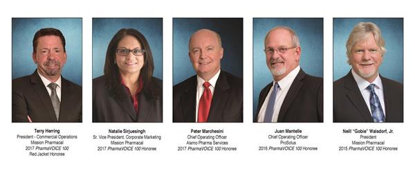 Pictured are Mission Family of Company executives who have been recognized by PharmaVOICE magazine over the past three years. Honorees for 2017 include Terry Herring, Mission Pharmacal President of Commercial Operations; Natalie Sirjuesingh, Mission Pharmacal Senior Vice President of Corporate Marketing; and Peter Marchesini, Chief Operating Officer of Alamo Pharma Services, Inc.