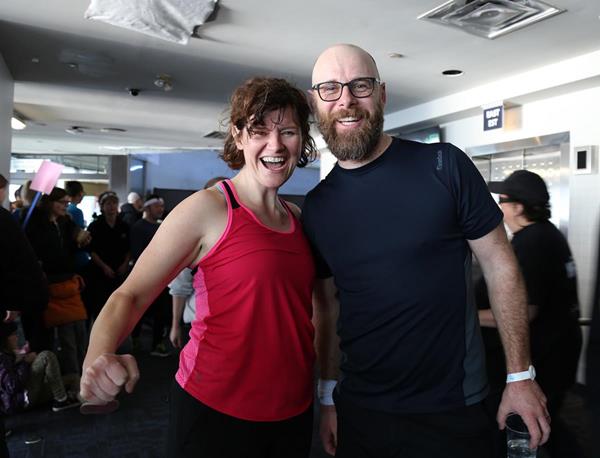 WWF-Canada CEO and President Megan Leslie at the top of the CN Tower with climber Michael Walmsley on April 8.