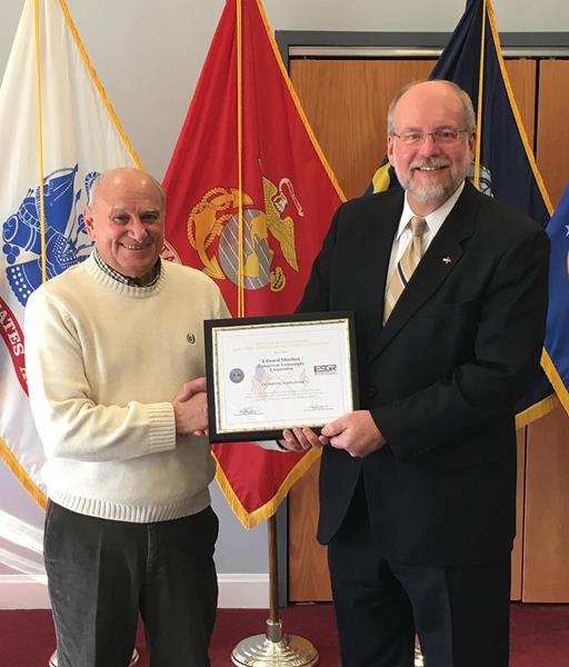 ESGR Mountain Area Chair Marty Kuhar presented Ed Sheehan with a certificate and lapel pin commemorating his Patriot Award. 