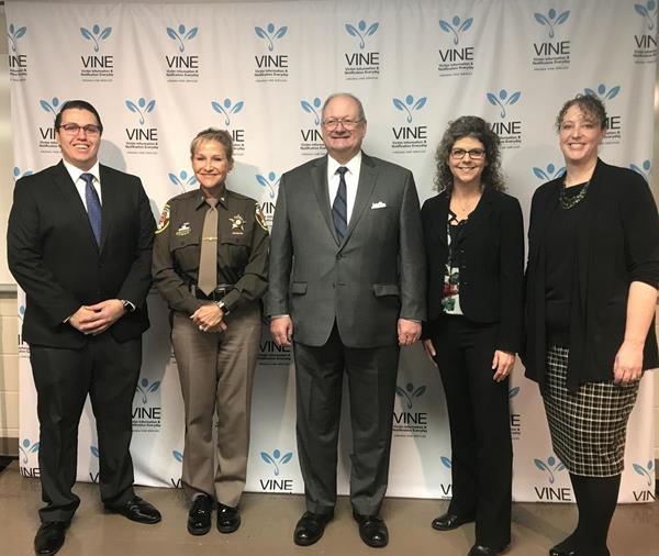 (L to R) Jonathan Turl, Appriss Safety; Fairfax County Sheriff Stacey Kincaid;  John Jones, Executive Director of the Virginian Sheriff's Association; Lynda O'Connell, Executive Director of VCPI, Amy Sheets, Virginia VINE Program Manager.