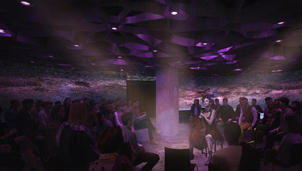 An Octave 9 rendering, showing an intimate, immersive performance setting, with lighting and projection panel displays that encompass the audience. (LMN Architects)