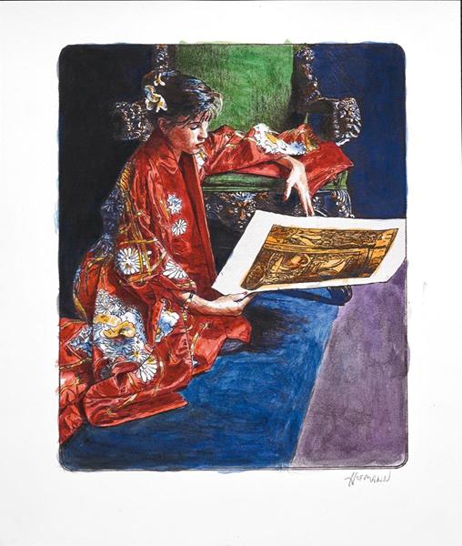 Douglas Hofmann, Red Kimono, watercolor on pigment print, 111/4 x 9 1/2 inches