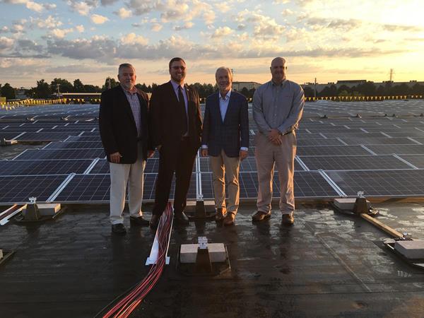 High Hotels Ltd.’s investment in a nearby photovoltaic solar array will generate 100 percent of the electricity required to operate The Courtyard by Marriott in Lancaster, Pa. The hotel and solar array are both located in Greenfield Corporate Center, a 600-acre master planned mixed-use campus developed by High Real Estate Group LLC.
Pictured left to right standing atop the roof of the warehouse where the solar array is being installed are:
Mike Lorelli, Sr. Vice President, Commercial Asset Management, High Associates Ltd.; Jeremy Geib, General Manager, High Hotels Ltd.; Russ Urban, President, High Hotels Ltd.; Jim Baxter, Manager of Facilities, High Associates, Ltd. 