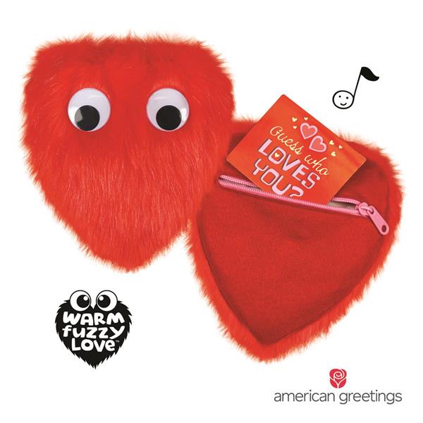 Fill your heart with song this Valentine’s Day with American Greetings new Warm Fuzzy Love™ cards featuring furry, googly-eyed, heart-shaped pouches that unzip to reveal a song and mini-card!
