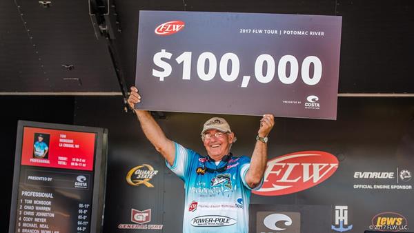 Pro bass angler Tom Monsoor of La Crosse, Wisconsin, won the FLW Tour event at the Potomac River Sunday and earned $100,000. 