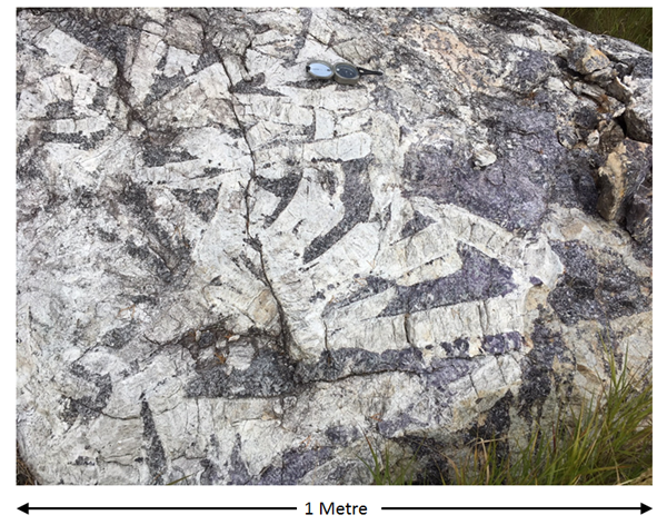 Figure 4   Spodumene   Lepidolite Zone  Silverleaf Pegmatite Lithium One Project