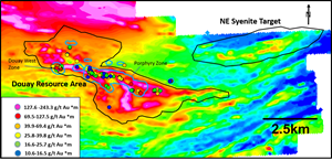 Douay Resource Area highlighting clusters of drill-holes with high gold accumulation