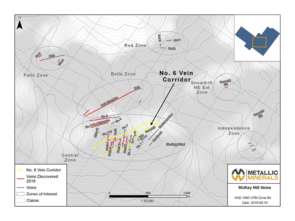 Figure 2: Map showing new 2018 vein discoveries and extended No. 6 vein corridor at the McKay Hill Project