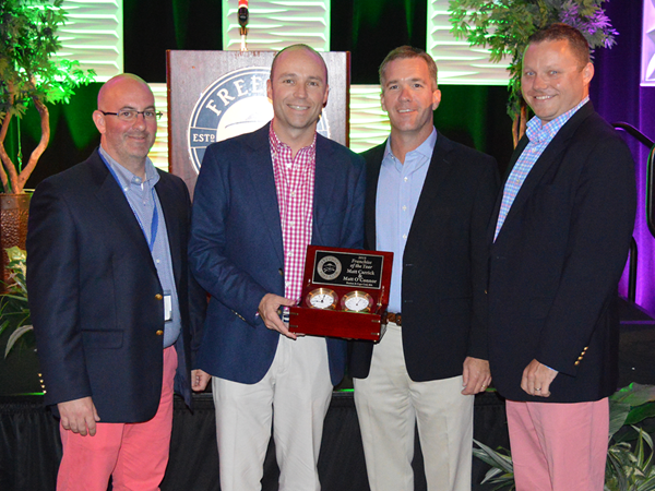 Franchise of the Year award winners Matt Carrick, Matt O’Connor and Matt Paolo of Boston/Cape Cod, with Freedom Boat Club President and CEO John Giglio.
