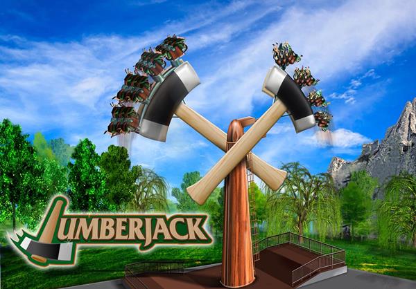 Lumberjack, a thrill-ride that will take you soaring up to 75 feet on 2 swinging axe pendulums.